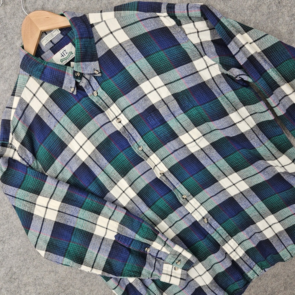 417 Van Heusen Flannel Shirt Men's XXL Blue Green Plaid Cotton Long Sleeve SPOTS